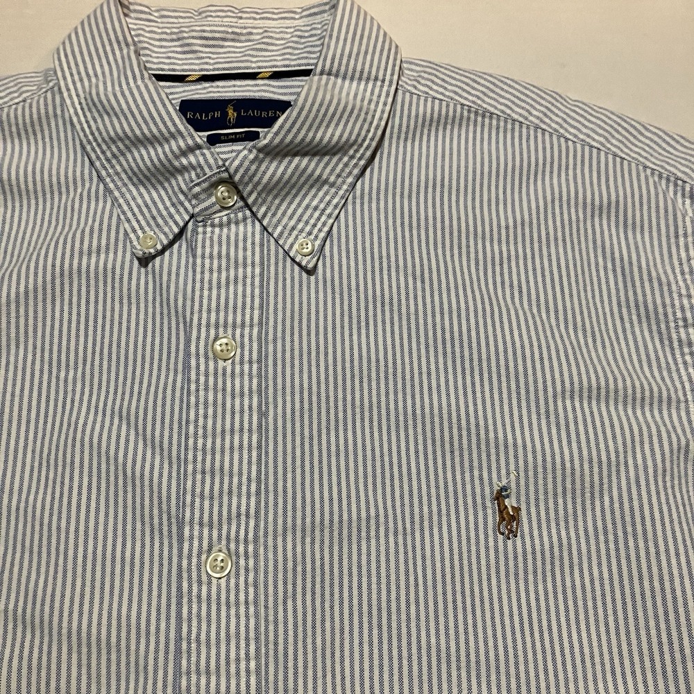 Ralph Lauren Slim Fit Long Sleeve Blue Striped Button Down Shirt Mens Size XXL